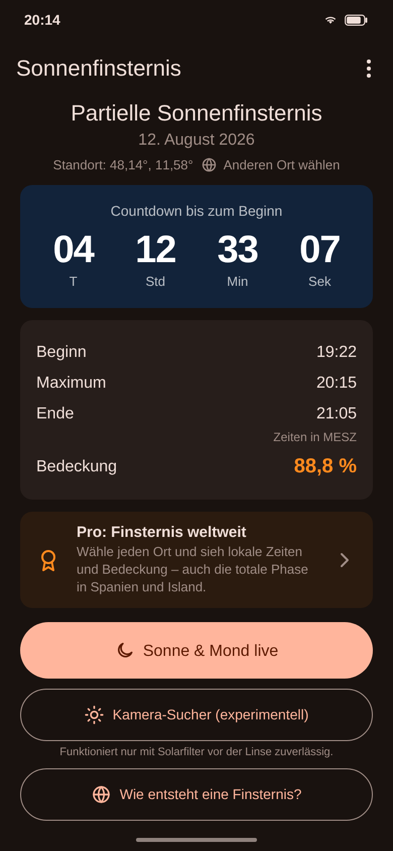 Startbildschirm mit Countdown, Beginn, Maximum, Ende und 88,8 % Bedeckung