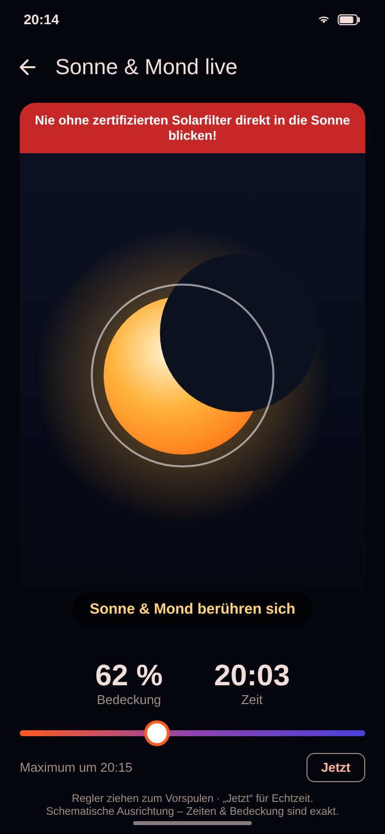Live-Ansicht von Sonne und Mond mit 62 % Bedeckung und Zeitregler